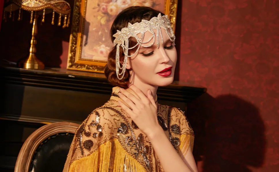 BABEYOND 1920s Flapper Headpiece Headband Great Gatsby Chain Headband for Women (Black) - product information 20