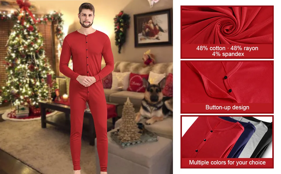 COLORFULLEAF Men's Cotton Thermal Underwear Union Suits Henley Onesies Base Layer Dark Grey Large - product information 3