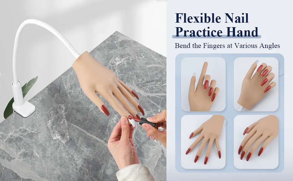 Practice Hand for Acrylic Nails, Nail Tips Never Fall Off, Flexible Hand Nails Practice, Fingers Never Break, Fake Nail Training Hand, Manicure Hand Practice with 100Pcs Nail Tips for Nails Practice - Fingers Never Break