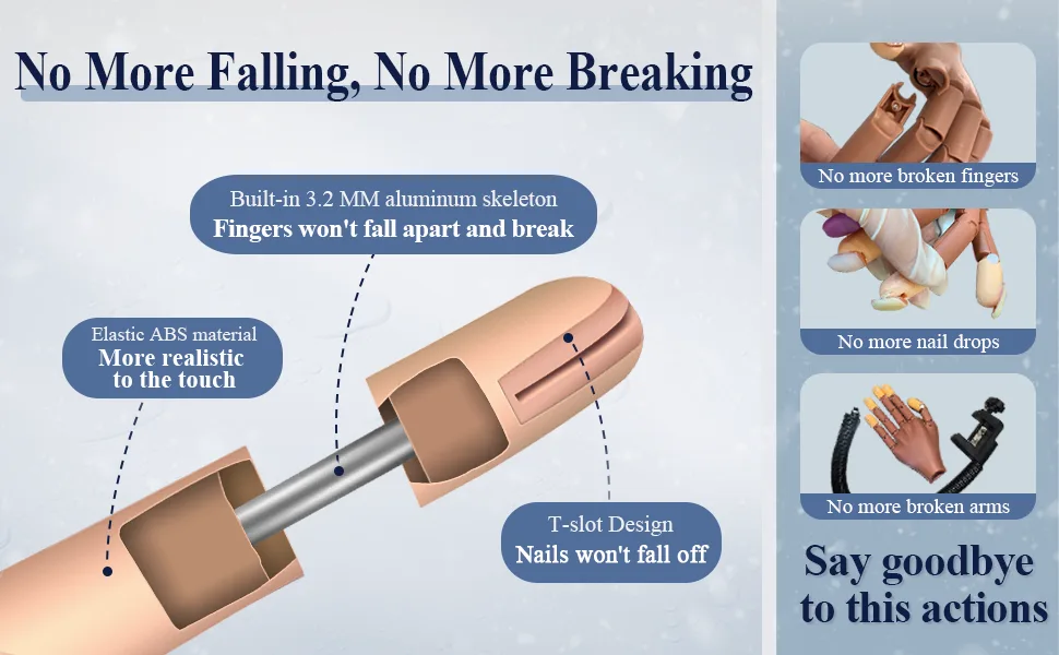 Practice Hand for Acrylic Nails, Nail Tips Never Fall Off, Flexible Hand Nails Practice, Fingers Never Break, Fake Nail Training Hand, Manicure Hand Practice with 100Pcs Nail Tips for Nails Practice - mano para practicar uñas