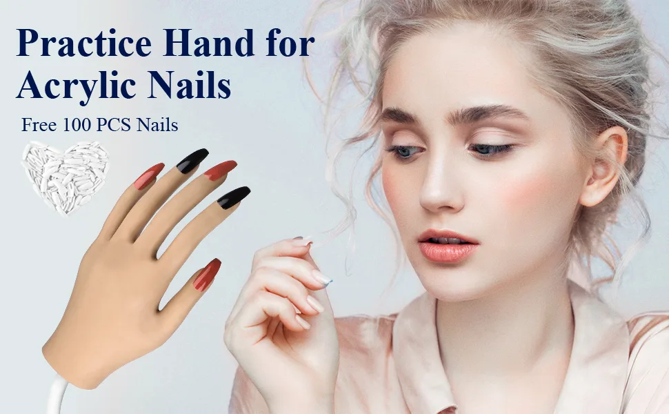 Practice Hand for Acrylic Nails, Nail Tips Never Fall Off, Flexible Hand Nails Practice, Fingers Never Break, Fake Nail Training Hand, Manicure Hand Practice with 100Pcs Nail Tips for Nails Practice - Practice Hand for Acrylic Nails