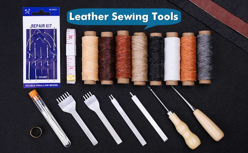 Cridoz 35 Pcs Leather Stitching Pouch Kit with 4mm Prong Sewing Hole Punch, Leather Sewing Tools, Waxed Thread and Large-Eye Stitching Needles for Beginner Leather Sewing Working Crafting Projects - Leather Sewing Tools