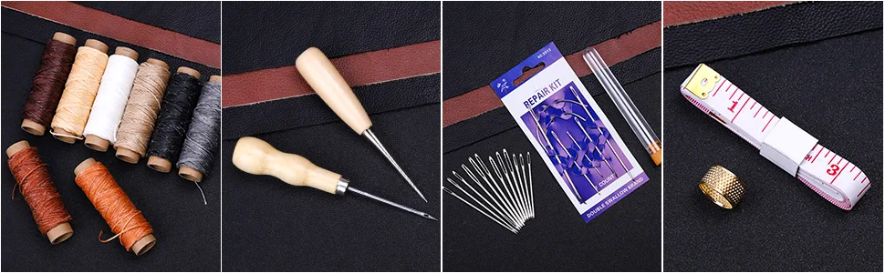 Cridoz 35 Pcs Leather Stitching Pouch Kit with 4mm Prong Sewing Hole Punch, Leather Sewing Tools, Waxed Thread and Large-Eye Stitching Needles for Beginner Leather Sewing Working Crafting Projects - Leather Sewing Tools
