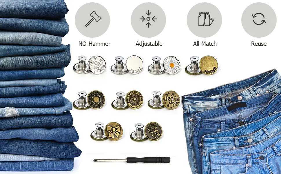 Jeans Buttons Replacement, Instant No Sew Buttons for Pants with Tool,17MM Metallic 17MM - product information 1