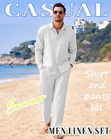 COOFANDY Men's 2 Piece Linen Sets Casual Long Sleeve Button Down Cuban Shirt and Loose Pants Set Beach Vacation Outfits Large White - product information 2