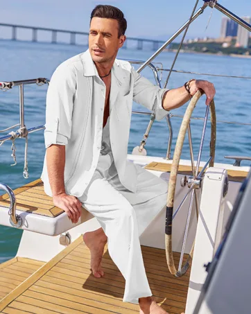 COOFANDY Men's 2 Piece Linen Sets Casual Long Sleeve Button Down Cuban Shirt and Loose Pants Set Beach Vacation Outfits Large White - product information 3