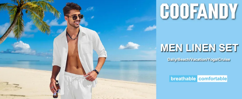 COOFANDY Men's 2 Piece Linen Sets Casual Long Sleeve Button Down Cuban Shirt and Loose Pants Set Beach Vacation Outfits Large White - Mens Linen Set