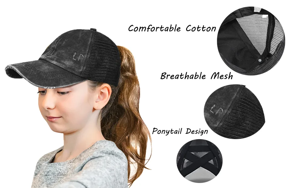 Glitter Distressed Mesh Girls Criss Cross Ponytail Hat for Kids High Messy Bun Ponycap Crisscross-black - product information 4