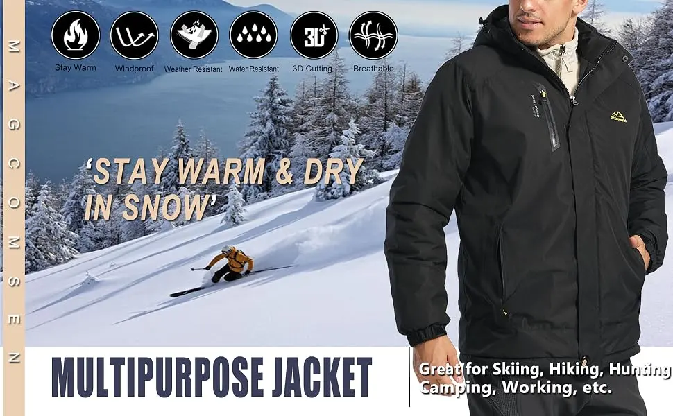 MAGCOMSEN Men's Winter Coats Waterproof Ski Snow Jacket Warm Fleece Parka Raincoats With Multi-Pockets Grey Large - ski jacket men