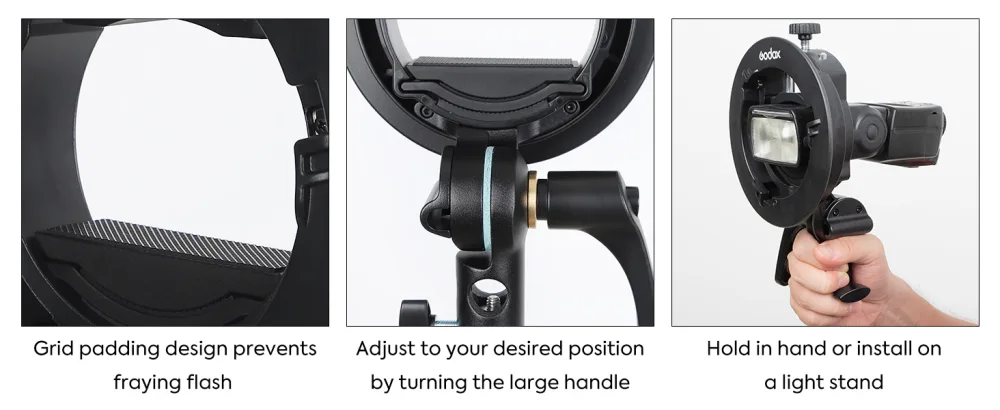 Godox S2 Speedlite S-Type Bracket Updated Version Bowens Mount for Godox V1 AD200Pro, AD200, AD300Pro, AD400Pro, V860II TT685 TT600 TT350 Series, Flexible Tilt Control, Large Handle - bowens mount