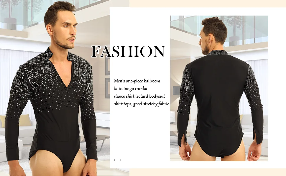YiZYiF Men's Sequins V Neck Dance Shirts Unitard Ballroom Modern Latin Long Sleeve Dancewear Zip Front Blue Medium - product information 1