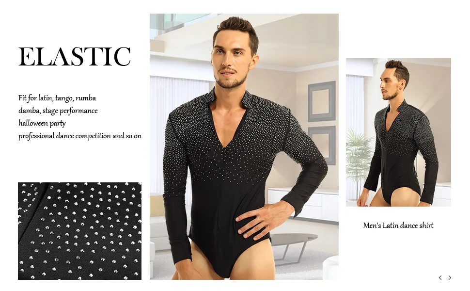 YiZYiF Men's Sequins V Neck Dance Shirts Unitard Ballroom Modern Latin Long Sleeve Dancewear Zip Front Blue Medium - product information 2