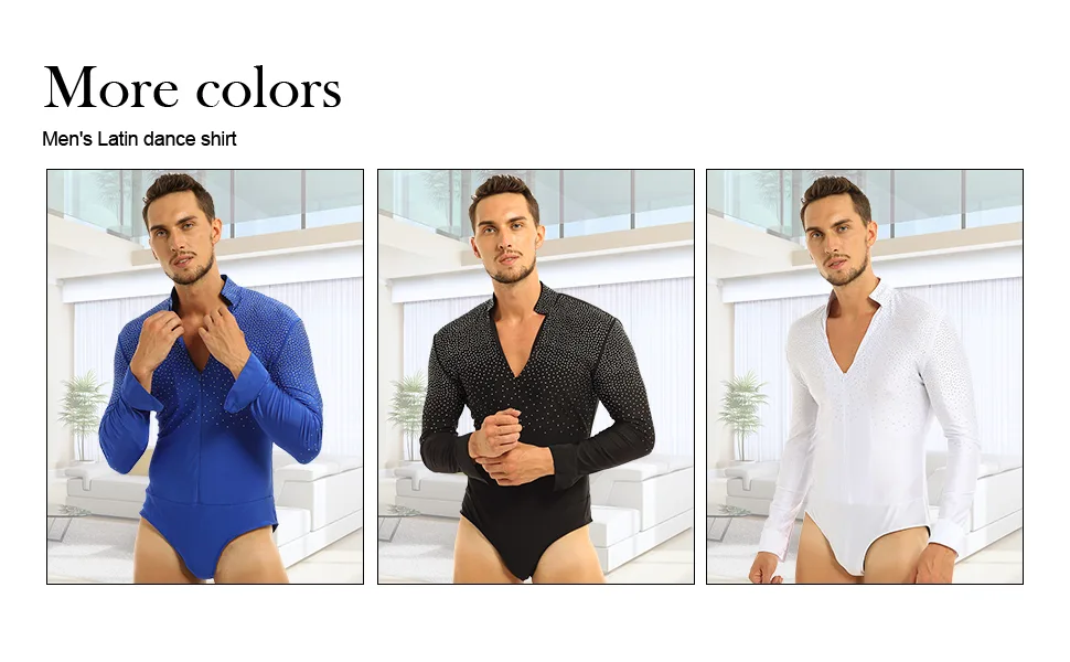 YiZYiF Men's Sequins V Neck Dance Shirts Unitard Ballroom Modern Latin Long Sleeve Dancewear Zip Front Blue Medium - product information 4