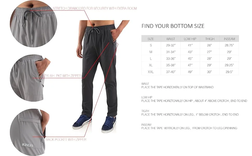KNQR Men's Performance Lightweight Quick Dry Zip Pockets Slim Fit Stretch Active Golf Jogger Pants Frost Grey Large - MPT17 SIZE CHART