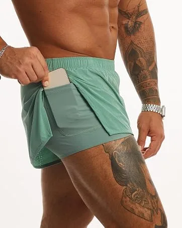 Ouber Men's Running Shorts with Liner 2'' Workout Shorts Bodybuilding Side Split Mesh Gym Shorts Grey Large - product information 2