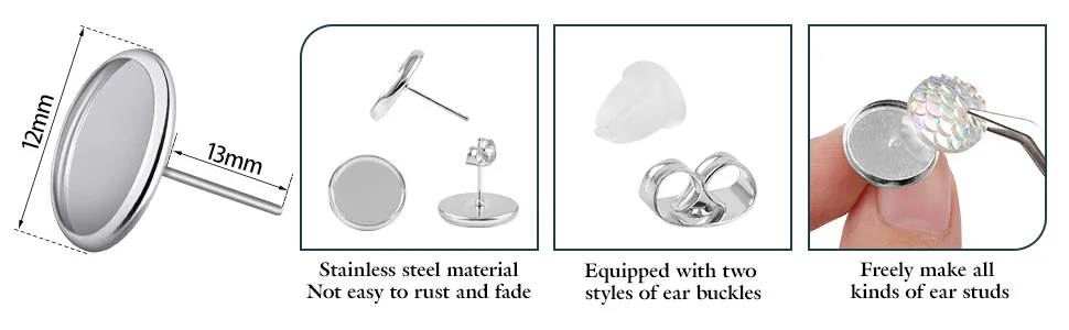 300 Pieces Stud Earring Kit Include 100pcs 12 mm Stainless Steel Blank Stud Earring Bezel Settings 100 Rubber Backs 100 Stainless Steel Earring Backs (Silver with Silver and Clear) - product information 2