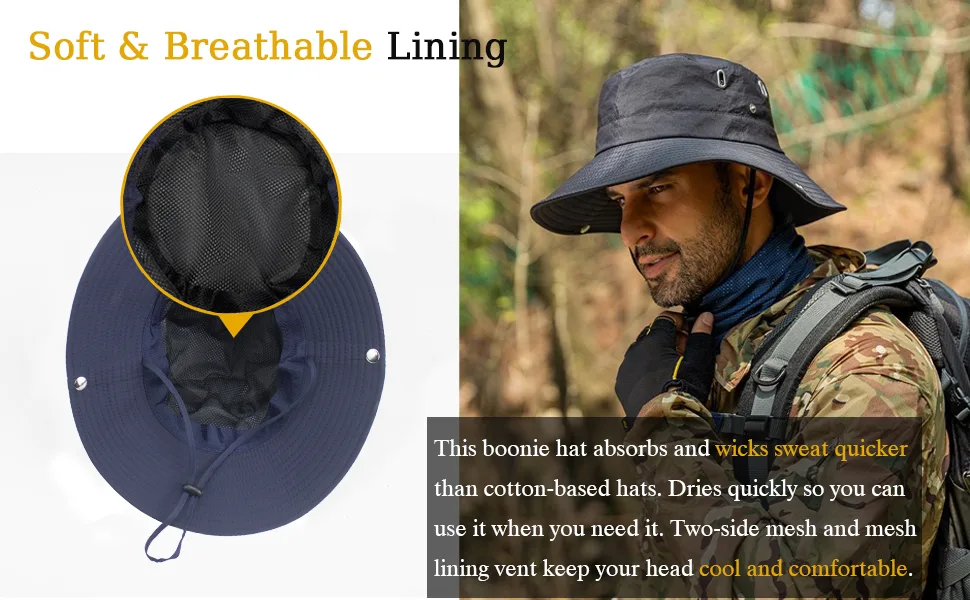 Muryobao Men Sun Hat Summer Wide Brim UPF 50+ Breathable Boonie Hats Waterproof Foldable Safari Cap Khaki - Head circumference 22