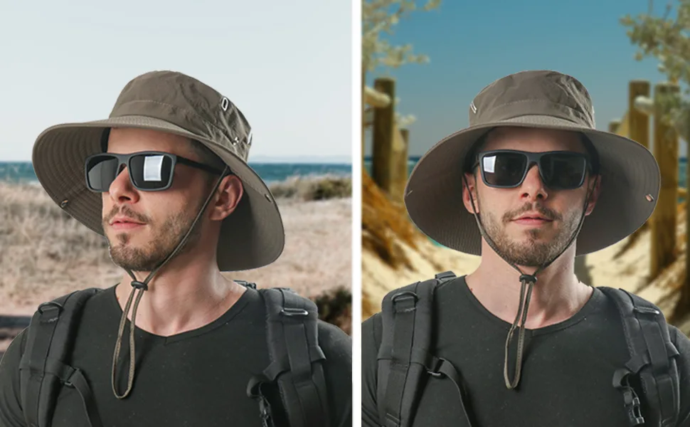 Muryobao Men Sun Hat Summer Wide Brim UPF 50+ Breathable Boonie Hats Waterproof Foldable Safari Cap Khaki - the elastic drawstring with buckle on the back of the hat