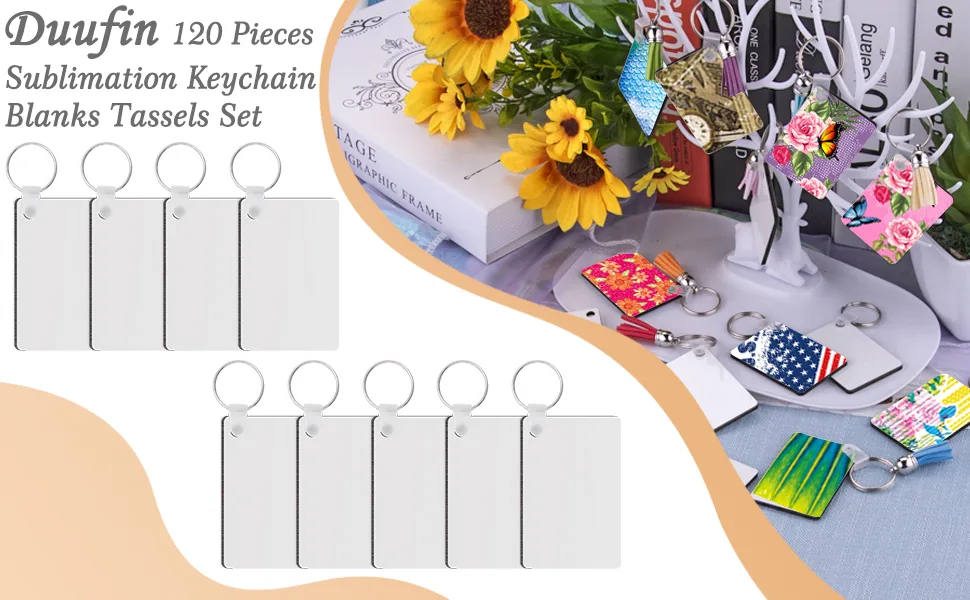 Duufin 120 Pieces Rectangle Sublimation Keychain Blanks Double Side Heat Transfer Blanks MDF Blank Board Key Rings Blanks for Sublimation DIY and Craft - Duufin 120 pieces sublimation keychain blanks set
