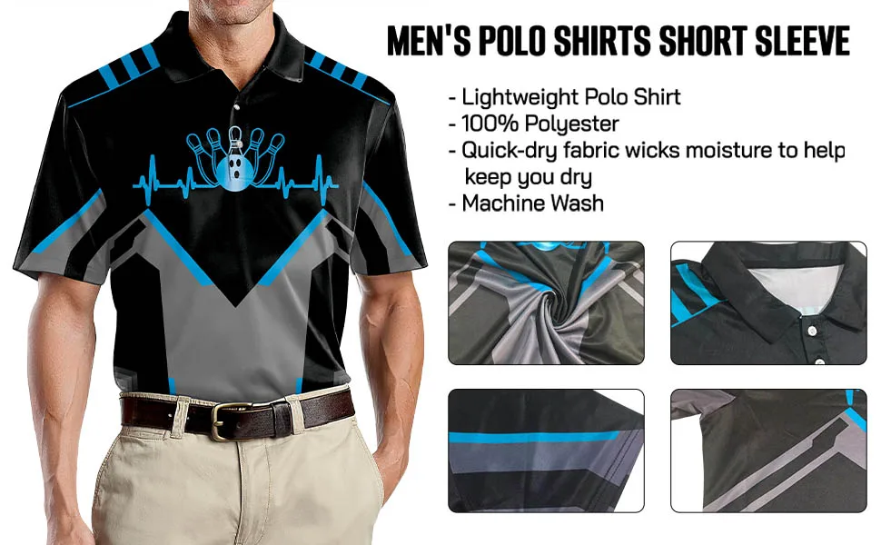 LASFOUR Custom Skull Bowling Team Polo Shirts, Bowling Polo Shirts Short Sleeve, Custom Bowling Shirts with Name Blue Skull - bowling shirts for men