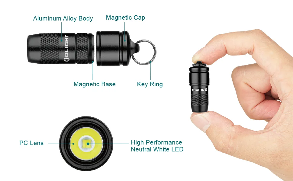 OLIGHT IMINI 10 Lumens Tiny Keychain Flashlight, Portable Quick-Release Small Flashlights with Magnetic Base, Powered by 3 LR41 Button Cells for EDC and Emergency (Black) - imini bk
