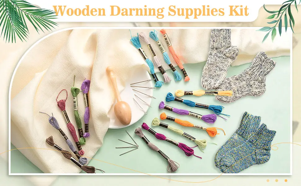 Darning Egg Darning Egg for Socks Wooden Darning Egg Wooden Darning Supplies Kit with Large Eye Needles Sewing Threads for Socks Clothes Adults Darner DIY Handicraft Home Sewing Care (Multiple color) - product information 1