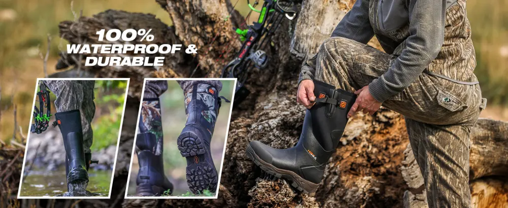 HISEA Rubber Hunting Boots for Men Insulated Rain Boots Waterproof Neoprene Work Boot for Farming Fishing, Adjustable Calf 6 Black - rubber rian boots