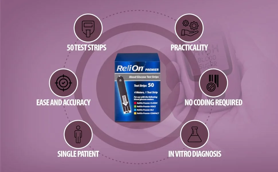 Relion Premier Blood Glucose Test Strips 50ct Bundle with Exclusive "Look After Your Diabetes" - Better Idea Guide (2 Items) 1 - Relion 50Ct benefit icons