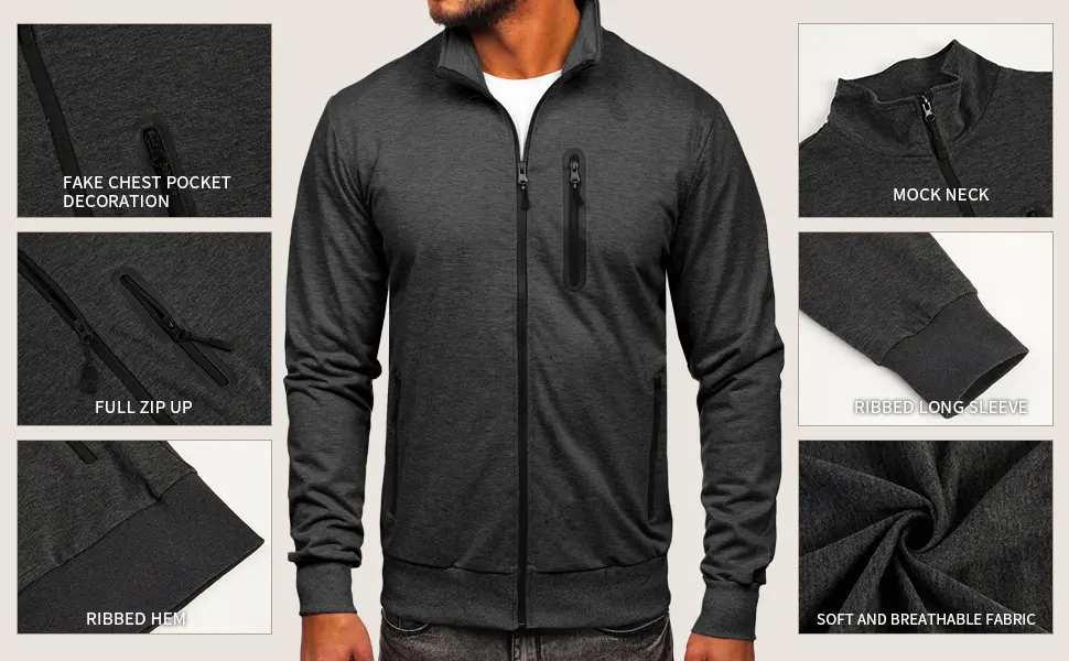 Men's Full Zip Up Active Track Jacket Mock Neck Long Sleeve Casual Sweatshirts Medium Wine Red - product details