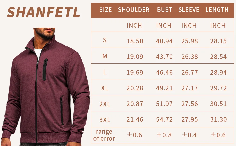 Men's Full Zip Up Active Track Jacket Mock Neck Long Sleeve Casual Sweatshirts Medium Wine Red - size chart