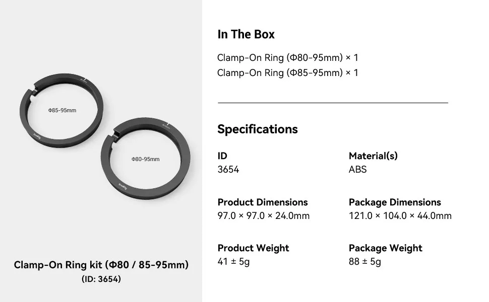 SMALLRIG Clamp-On Ring kit (80/85-95mm) for Star-Trail and Mini Series Matte Box 3196 3575 3680-3654 - 3654