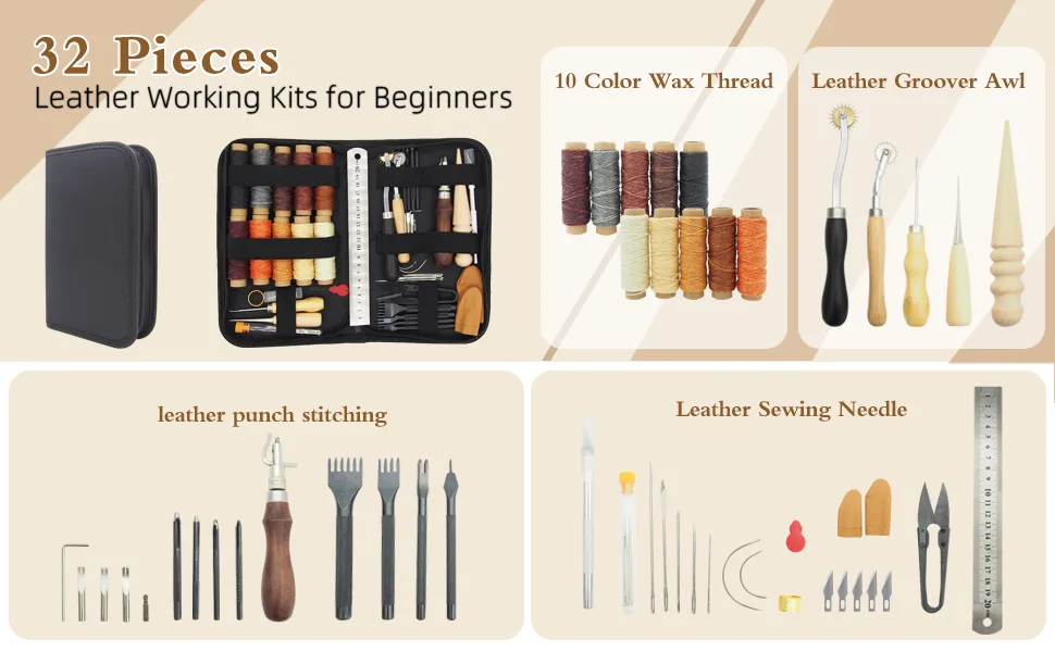PLANTIONAL Leather Working Tools for Beginners: Professional Leather Craft Kit with Waxed Thread Groover Awl Stitching Punch for Leathercraft Adults Gifts - product information 6