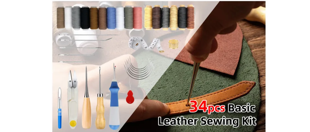 PLANTIONAL Leather Working Tools for Beginners: Professional Leather Craft Kit with Waxed Thread Groover Awl Stitching Punch for Leathercraft Adults Gifts - leather sewing kit