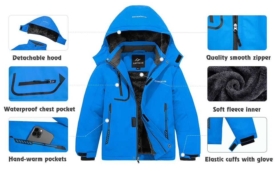 FARVALUE Boys Waterproof Ski Jacket Windproof Winter Coat Warm Snow Coat Outdoor Raincoats with Removable Hood 14-16 Black - boys skiing jacket
