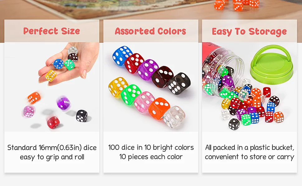 Lot De 100 Dés Acryliques 16 Mm – 10 Couleurs, Avec Pochette Velours