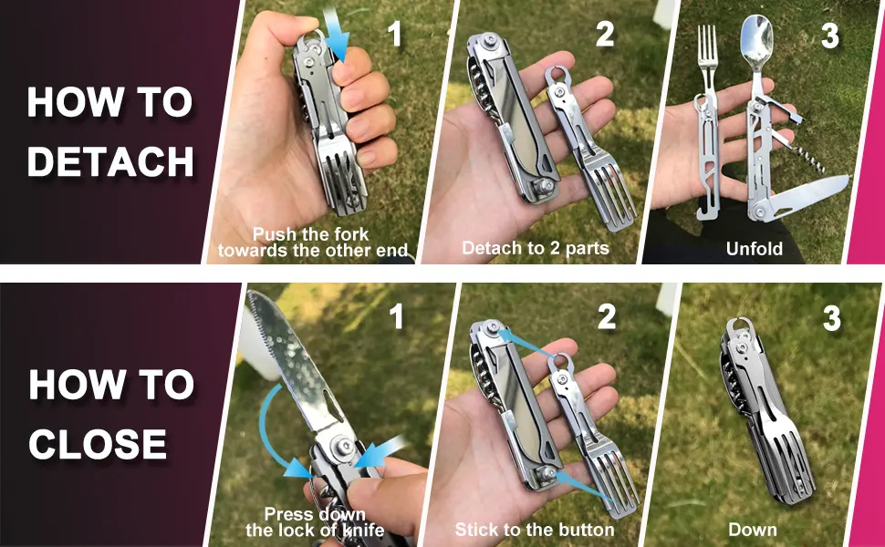 Joycube 6-in-1 Detachable Camping Utensils Flatware Set - Multi-Function Travel Pocket Cutlery Folding Spoon, Fork, Knife, Wine Bottle Opener Can Opener Portable Combo Set (Stainless Steel) - DETACH