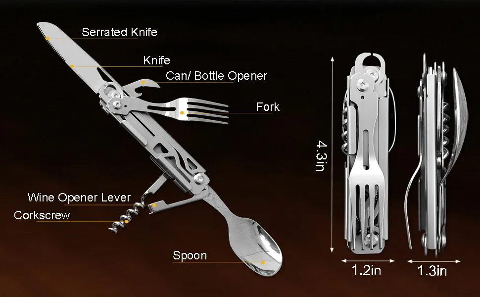 Joycube 6-in-1 Detachable Camping Utensils Flatware Set - Multi-Function Travel Pocket Cutlery Folding Spoon, Fork, Knife, Wine Bottle Opener Can Opener Portable Combo Set (Stainless Steel) - JIEGOU