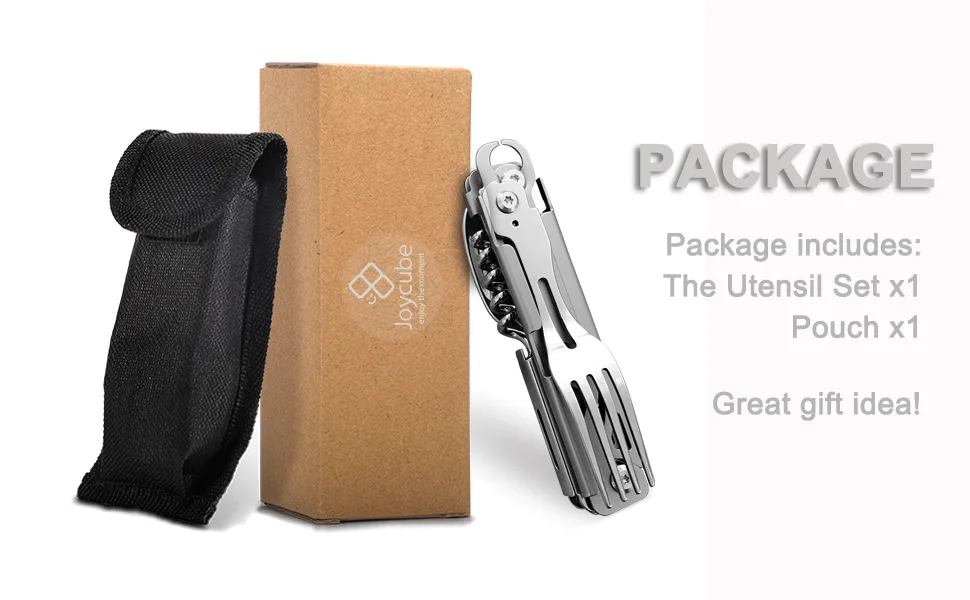 Joycube 6-in-1 Detachable Camping Utensils Flatware Set - Multi-Function Travel Pocket Cutlery Folding Spoon, Fork, Knife, Wine Bottle Opener Can Opener Portable Combo Set (Stainless Steel) - PACKAGE