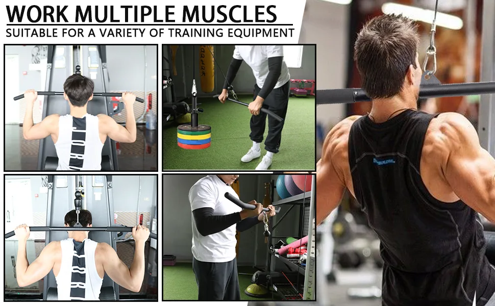 39.37" LAT Pull Down Bar, Detachable, Rubber Wrapped LAT Bar Attachment for Cable Machine, Exercises Tricep Back Muscles 38IN - lat pull down bar
