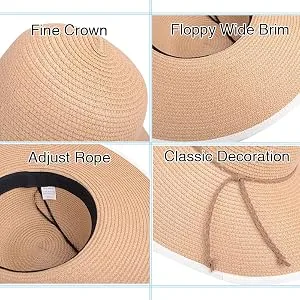 Lanzom Womens Wide Brim Straw Hat Big Floppy Foldable Roll up Cap Beach Sun Hat UPF 50+ Twine-black One Size - beach hat