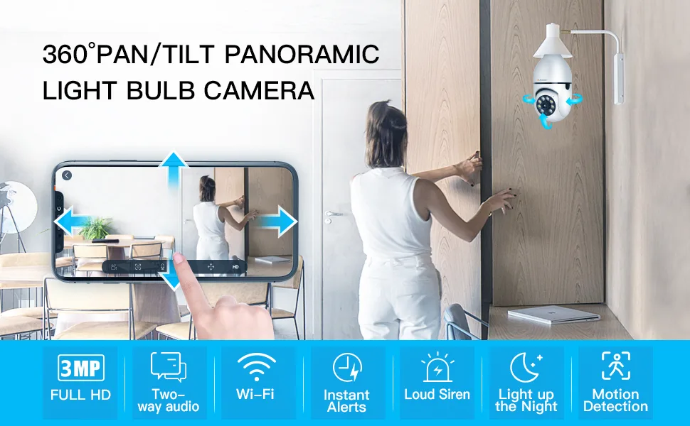 Jennov 3MP/2K Light Bulb Security Camera Wireless Outdoor, 2.4GHz Light Socket Security Camera, 360 Indoor WiFi Home Lightbulb Surveillance Camera Motion Detection, Color Night Vision, Two Way Talk - 3MP Light Bulb Camera