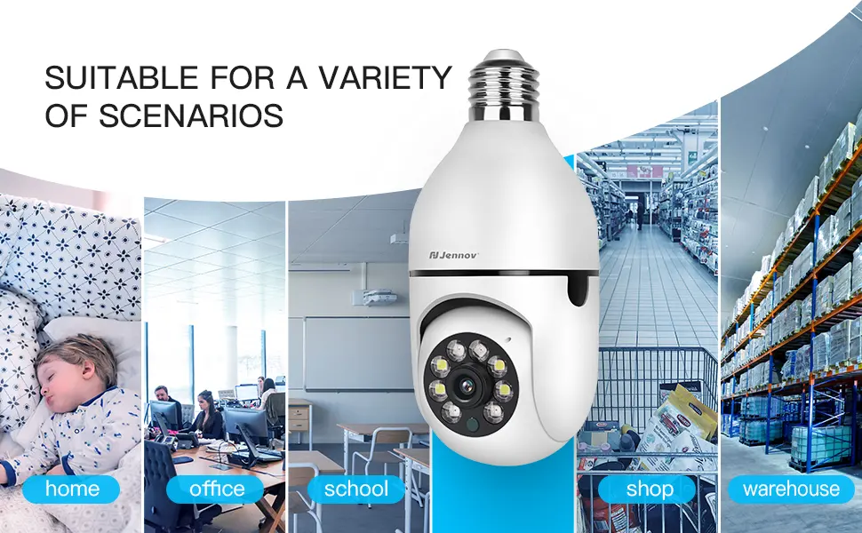 Jennov 3MP/2K Light Bulb Security Camera Wireless Outdoor, 2.4GHz Light Socket Security Camera, 360 Indoor WiFi Home Lightbulb Surveillance Camera Motion Detection, Color Night Vision, Two Way Talk - Light Bulb Camera