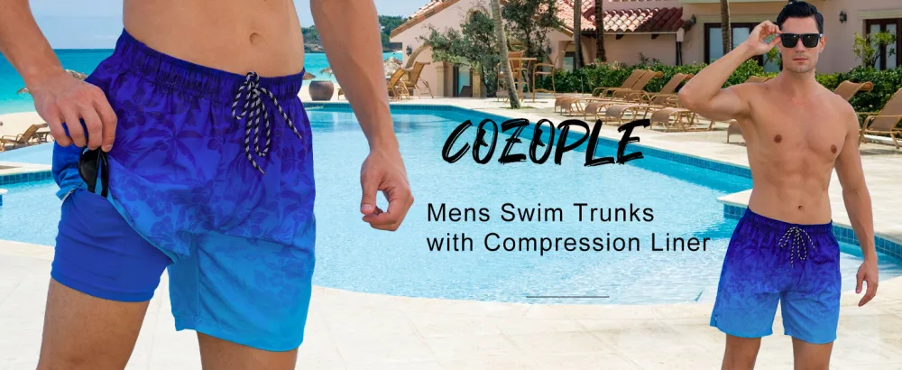 Cozople Mens Swim Trunks with Compression Liner 5.5" Inseam Quick Dry Bathing Suit Lightweight Swimming Shorts Rainbow Palm Tree Large - swim trunks