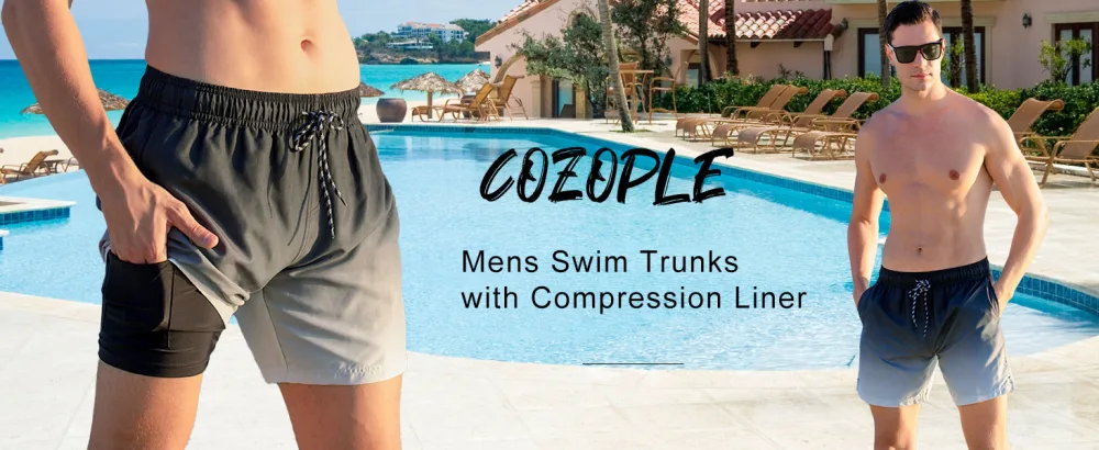 Cozople Mens Swim Trunks with Compression Liner 5.5" Inseam Quick Dry Bathing Suit Lightweight Swimming Shorts Rainbow Palm Tree Large - swim trunks