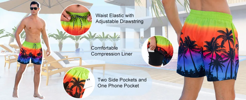 Cozople Mens Swim Trunks with Compression Liner 5.5" Inseam Quick Dry Bathing Suit Lightweight Swimming Shorts Rainbow Palm Tree Large - swim trunks
