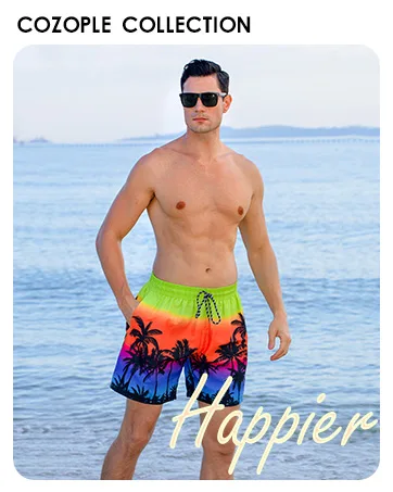 Cozople Mens Swim Trunks with Compression Liner 5.5" Inseam Quick Dry Bathing Suit Lightweight Swimming Shorts Rainbow Palm Tree Large - Swim Trunks