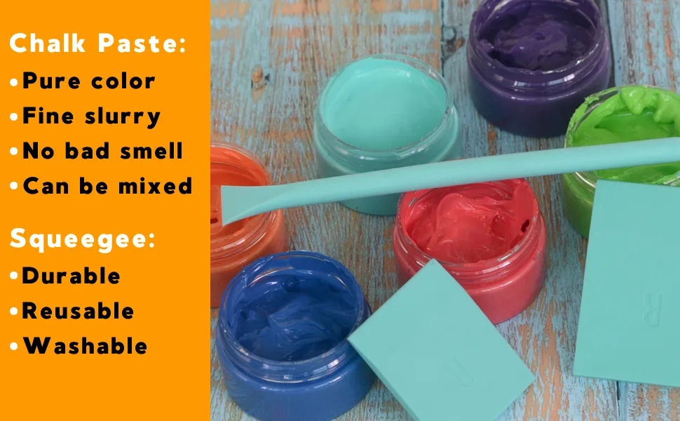 BOOLOOEN Chalk Paint Paste Screen Printing Ink, Mini Scraper and Rubber Paint Stirrer, Reusable Adhesive Paste Blackboard Paint for Mesh Transfer Furniture DIY Home Decor 12 colors Jars Chalk Paste With 9 Pcs Tool - CLACK PASTE
