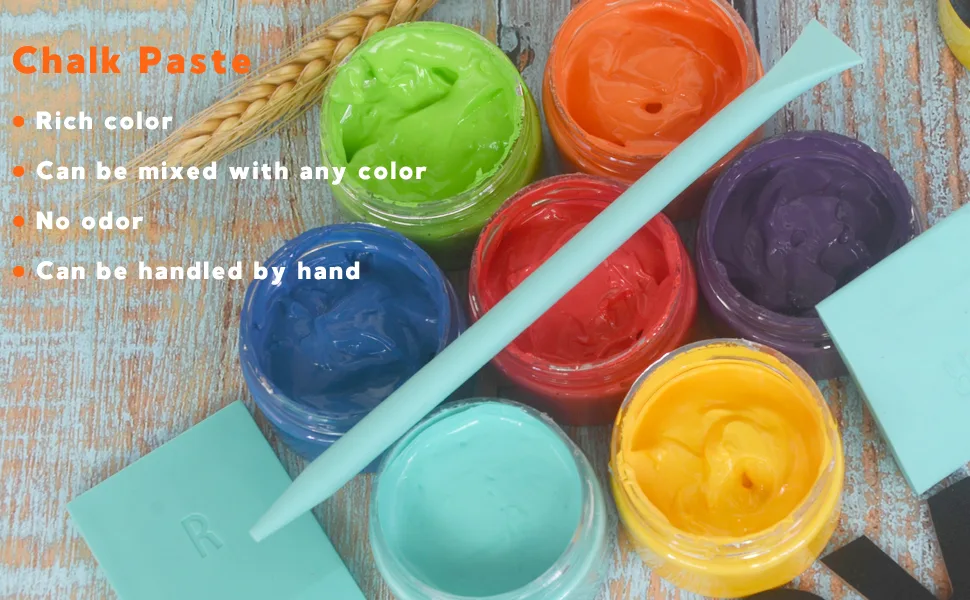 BOOLOOEN Chalk Paint Paste Screen Printing Ink, Mini Scraper and Rubber Paint Stirrer, Reusable Adhesive Paste Blackboard Paint for Mesh Transfer Furniture DIY Home Decor 12 colors Jars Chalk Paste With 9 Pcs Tool - CLACK PASTE