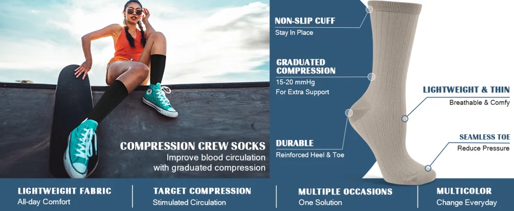 Compression Crew Socks for Women Thin Lightweight (15-20 mmHg) for Athletic Nurse Circulation Support Socks, 4 Pairs Black Large-X-Large - compression crew socks
