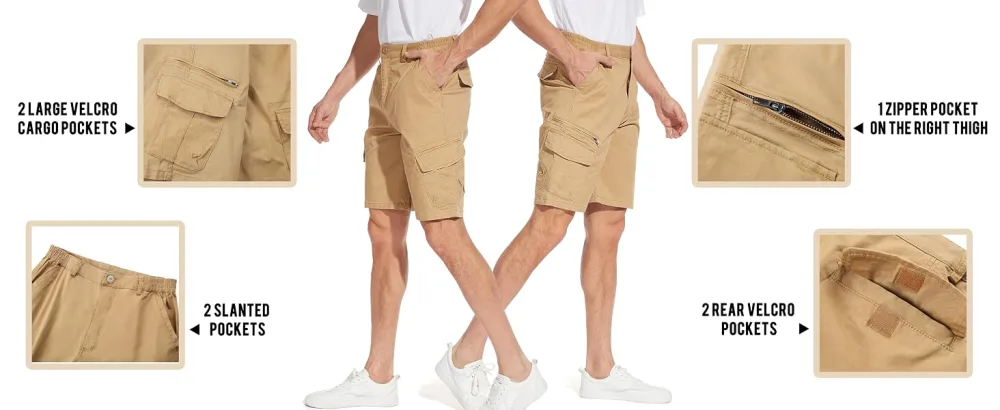 TACVASEN Men's Cotton Flat Shorts Classic-Fit Golf Shorts Casual Cargo Shorts with 7 Pockets Khaki 34 - Multiple pockets